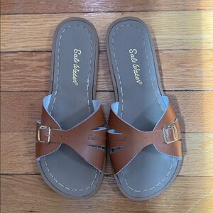 Salt Water Women's Tan Leather Buckle Slide Sandals